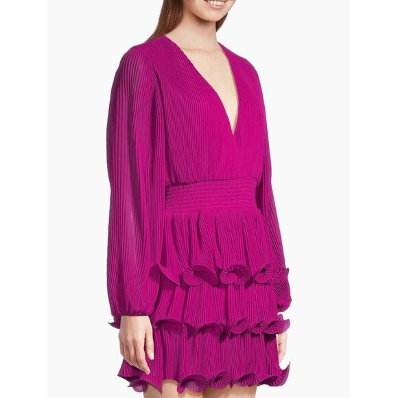 Women Milly Ryan A-Line Chiffon Dress Size 6 M Fuchsia Hem Ruffle V-Neck Layered - Picture 5 of 16